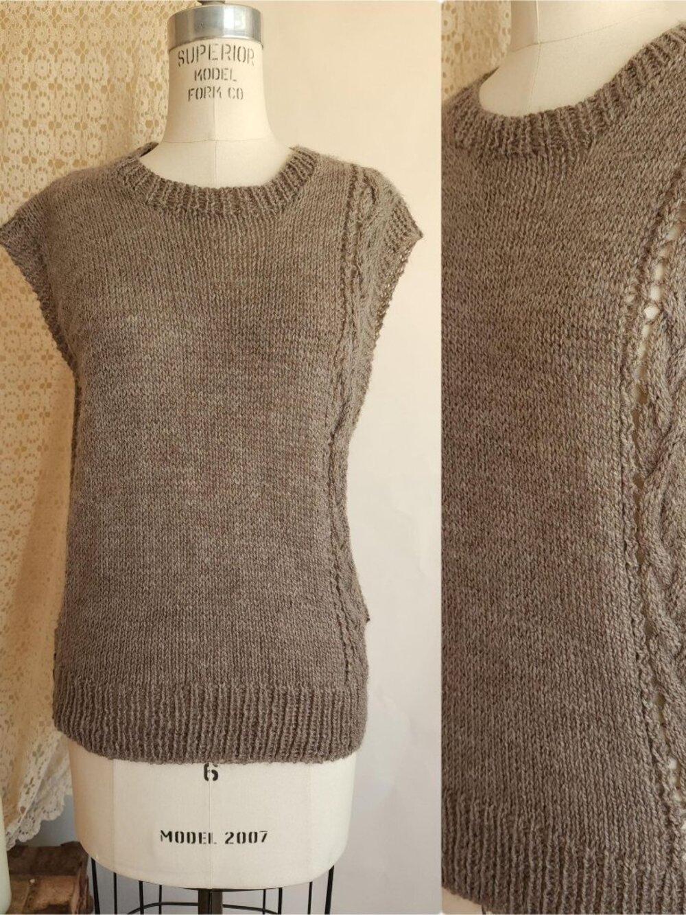 Vintage 1970s Sweater Vest, Taupe Cable Knit Side Button Tabard, Grandma Core